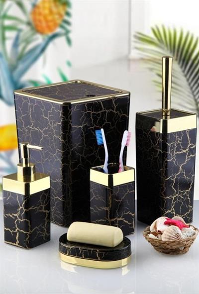 Akrilik Kare Çatlama Desen Banyo Seti 5'li – Siyah Gold & Gümüş Kromaj | Yüksek Kalite, Lüks ve Modern Tasarım