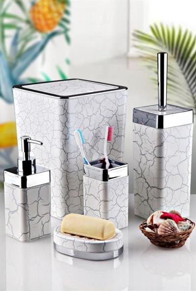 Akrilik Kare Çatlama Desen Banyo Seti 5'li – Beyaz Gold & Gümüş Kromaj | Yüksek Kalite, Lüks ve Modern Tasarım