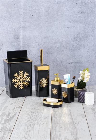 Akrilik Kare Kar Tanesi Model Banyo Seti 5'li – Siyah Gold & Gümüş Kromaj | Yüksek Kalite ve Şık Tasarım