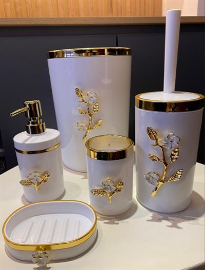 Akrilik Yüksek Kalite Çiçek Detaylı Banyo Seti – Gold Kromaj | Zarif ve Lüks Tasarım