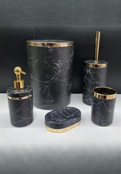 Akrilik Yuvarlak Çatlama Desen Banyo Seti 5'li – Siyah Gold & Gümüş Kromaj | Yüksek Kalite, Lüks ve Modern Tasarım