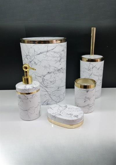 Akrilik Yuvarlak Çatlama Desen Banyo Seti 5'li – Beyaz Gold & Gümüş Kromaj | Yüksek Kalite, Lüks ve Zarif Tasarım