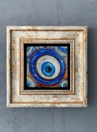 Doğal Taş Temalı Nazar Boncuğu Dekoratif Duvar Tablosu 20x20 cm – Kompozit Çerçeveli | Şans & Koruyucu Dekor