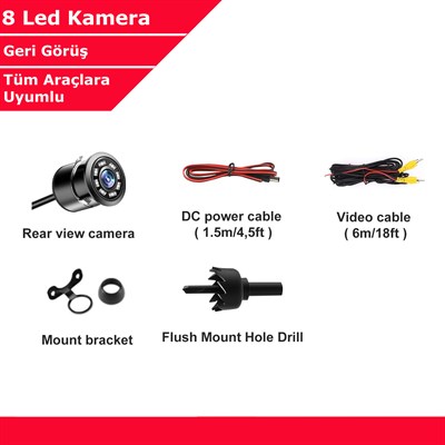 Tüm Araçlara Uyumlu 12V 8 Ledli Gece Görüşlü Geri Vites Kamerası