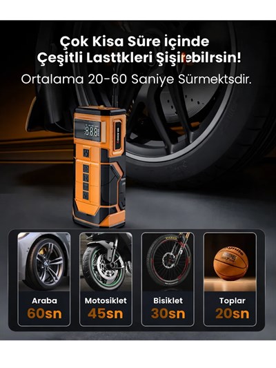 A5577 Akü Takviyeli Hava Kompresörü | 4ü 1 Arada Powerbank, Hava Kompresörü, LCD Ekran, 8.000mAh 150PSI