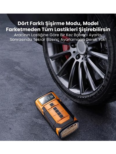 A5577 Akü Takviyeli Hava Kompresörü | 4ü 1 Arada Powerbank, Hava Kompresörü, LCD Ekran, 8.000mAh 150PSI
