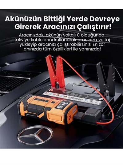 A5577 Akü Takviyeli Hava Kompresörü | 4ü 1 Arada Powerbank, Hava Kompresörü, LCD Ekran, 8.000mAh 150PSI