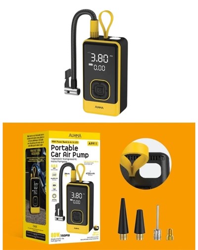 A9911 Portatif Kompresör 3ü 1 Arada Powerbank, Hava Kompresörü, LCD Ekran, 4000mAh 150PSI