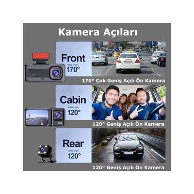 Araç İçi FullHD 3 Kameralı A98 170° Derece Açılı Yol Takip, İç Mekan ve Arka Kamera Kayıt