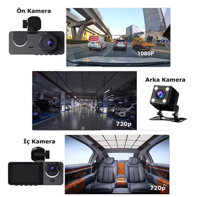 Araç İçi FullHD 3 Kameralı Y15 170° Derece Yol Takip, İç Mekan ve Arka Kamera Kayıt