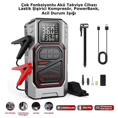 Harvox Akü Takviye Cihazı | 4ü 1 Arada Powerbank, Hava Kompresörü, LCD Ekran, 10.000mAh 150PSI