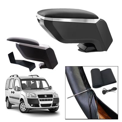 Lüks Set Fiat Doblo 2011 Delmesiz Çelik Ayaklı Gri-Siyah Kolçak Kol Dayama, Direksiyon Kılıfı