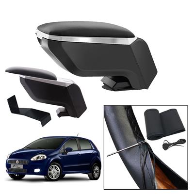 Lüks Set Fiat Grande Punto 2005 Delmesiz Çelik Ayaklı Gri-Siyah Kolçak Kol Dayama, Direksiyon Kılıfı