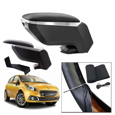 Lüks Set Fiat Punto Evo 2016 Delmesiz Çelik Ayaklı Gri-Siyah Kolçak Kol Dayama, Direksiyon Kılıfı