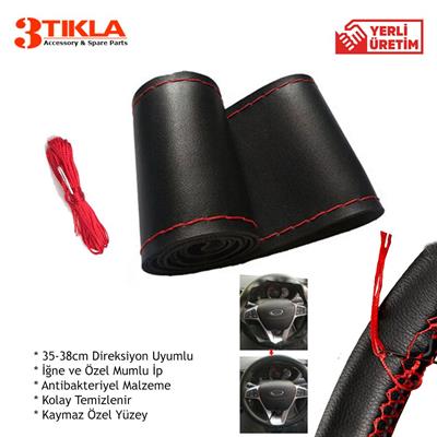 Premium Siyah direksiyon Kılıfı Kırmızı Dikişli