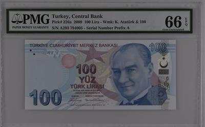 9. Emisyon 1. Tertip 100 Lira - A293 - PMG 66