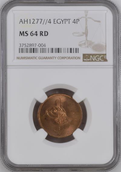 Sultan Abdülaziz 1277/4 Mısır Bakır 4 Para - ÇİL - NGC MS64