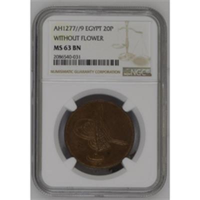 Sultan Abdülaziz 1277/9 Mısır Bakır 20 Para - ÇİL - NGC MS63 BN