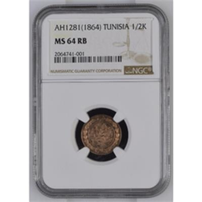 Sultan Abdülaziz Tunus 1281 Bakır 1/2 Harube - ÇİL - NGC MS64 RB
