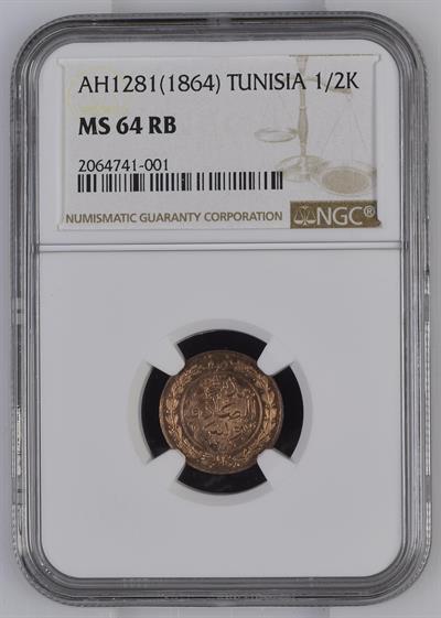 Sultan Abdülaziz Tunus 1281 Bakır 1/2 Harube - ÇİL - NGC MS64 RB