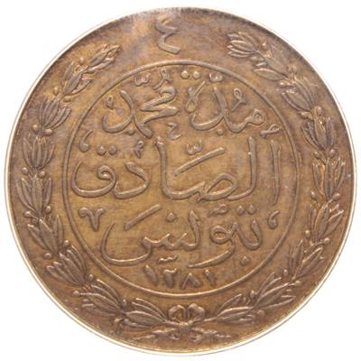 Sultan Abdülaziz - Tunus - 1281 Bakır 4 Harube - PCGS SP62 RB - ÇİL - Specimen
