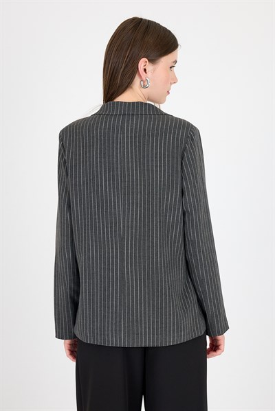 Antrasit Çizgili Tek Düğmeli Blazer Ceket 4594A