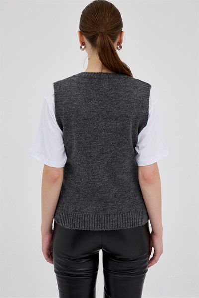 Antrasit Oversize V Yaka Kadın Süveter 2292