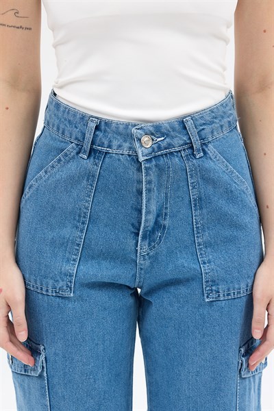 Ara Mavi Kadın Paça Düğmeli Yüksek Bel Jean Kargo Pantolon 1059