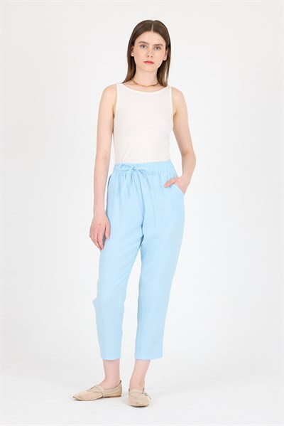 Bebe Mavi Müslin %100 Pamuk Beli Lastikli Pantolon 8055A