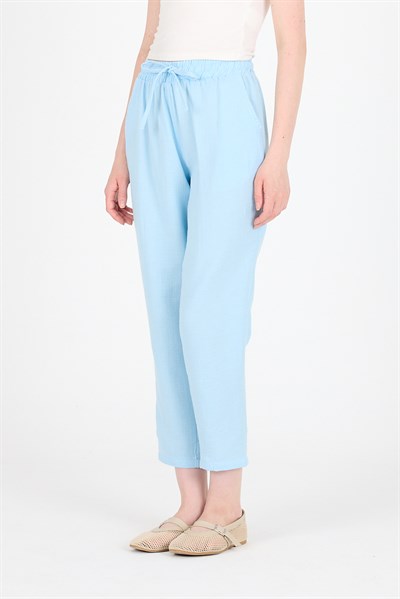 Bebe Mavi Müslin %100 Pamuk Beli Lastikli Pantolon 8055A
