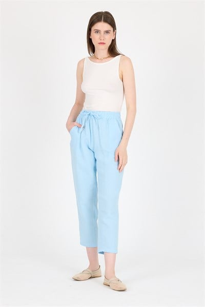 Bebe Mavi Müslin %100 Pamuk Beli Lastikli Pantolon 8055A