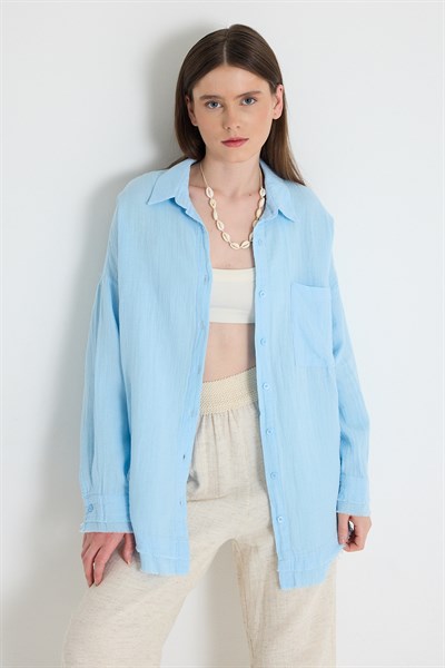 Bebe Mavi Oversize %100 Pamuk Müslin Gömlek 4786A
