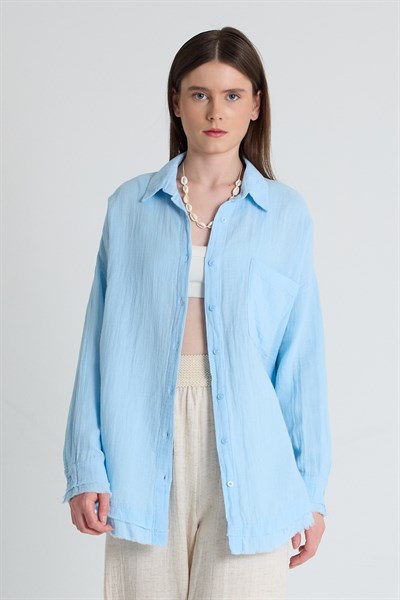 Bebe Mavi Oversize %100 Pamuk Müslin Gömlek 4786A