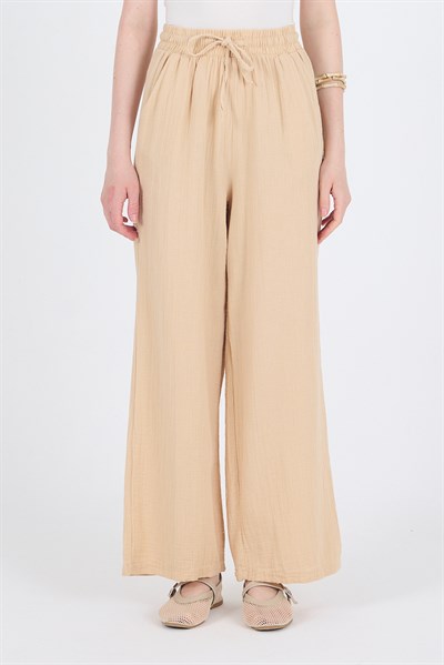 Bej  %100 Pamuk Müslin Palazzo/Bol Paça Pantolon 8056A