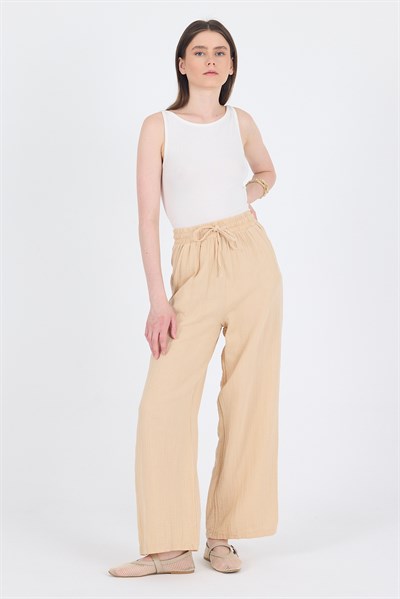 Bej  %100 Pamuk Müslin Palazzo/Bol Paça Pantolon 8056A