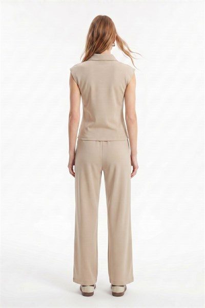 Bej Fermuarlı Bluz Pantolon Takım 2796