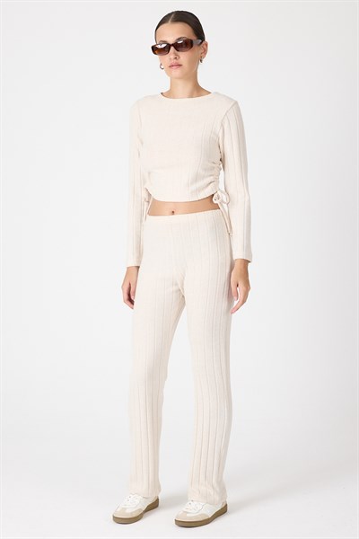 Bej Fitilli Crop Bluz Pantolon İkili Takımı 8114A