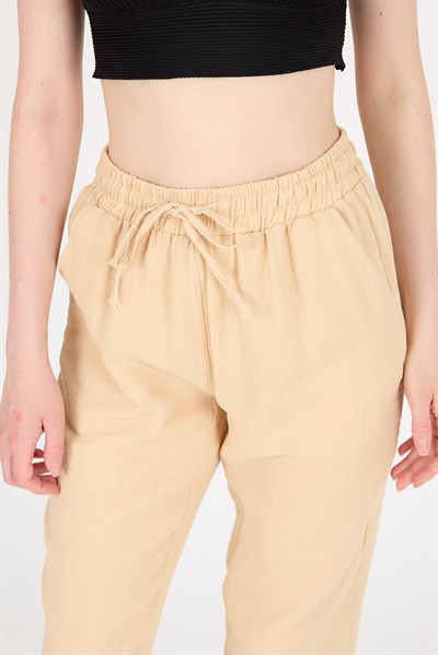 Bej Müslin %100 Pamuk Beli Lastikli Pantolon 8055A