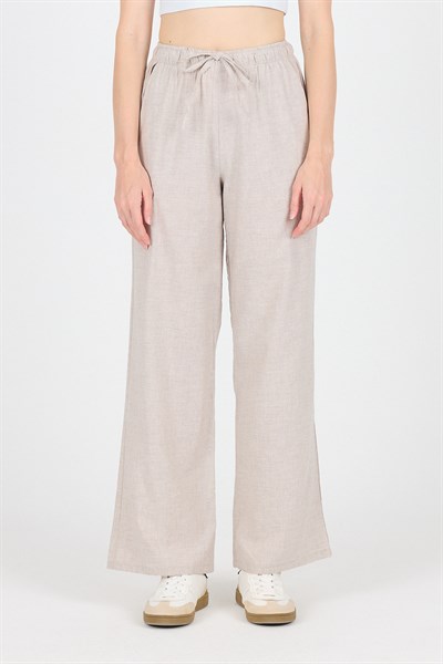 Bej Pamuklu Bel Lastikli Wide Leg/Bol Paça Pantolon 4754A