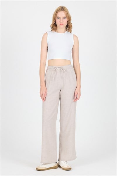 Bej Pamuklu Bel Lastikli Wide Leg/Bol Paça Pantolon 4754A