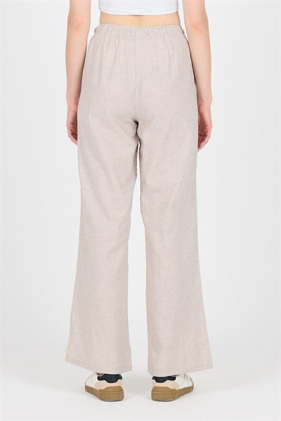Bej Pamuklu Bel Lastikli Wide Leg/Bol Paça Pantolon 4754A