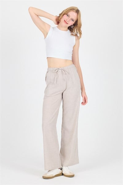 Bej Pamuklu Bel Lastikli Wide Leg/Bol Paça Pantolon 4754A