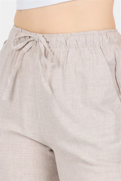 Bej Pamuklu Bel Lastikli Wide Leg/Bol Paça Pantolon 4754A