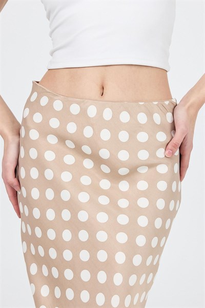 Bej Puantiye Desen Saten Midi Etek 9416