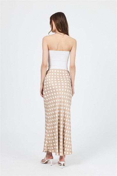Bej Puantiye Desen Saten Midi Etek 9416