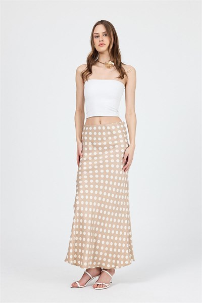 Bej Puantiye Desen Saten Midi Etek 9416