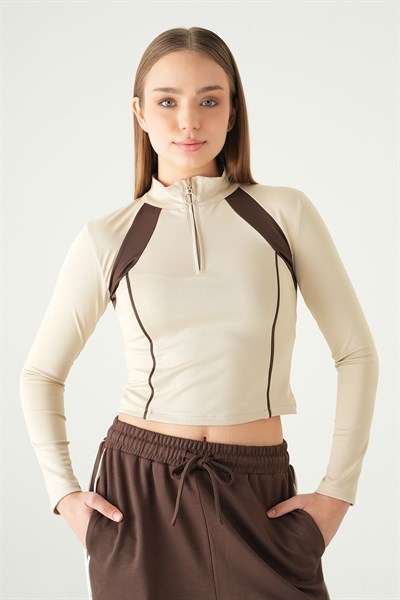 Bej Şeritli Fermuarlı Sweat 8326A