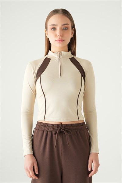 Bej Şeritli Fermuarlı Sweat 8326A