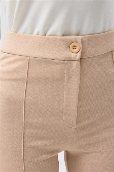 Bej Straight/Düz Kesim Yüksek Bel Nervür Dikişli Örme Pantolon TCR-6873A