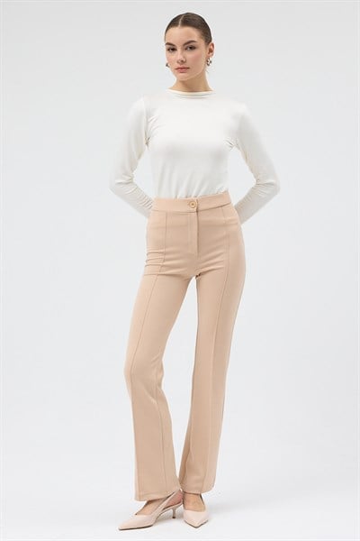 Bej Straight/Düz Kesim Yüksek Bel Nervür Dikişli Örme Pantolon TCR-6873A